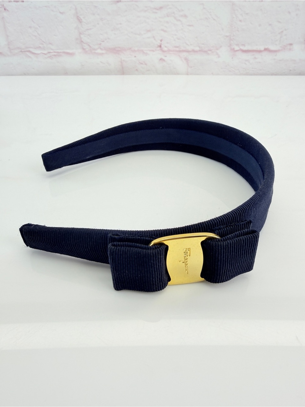 Salvatore Ferragamo Vara Navy Grosgrain Bow Headband with Gold Logo